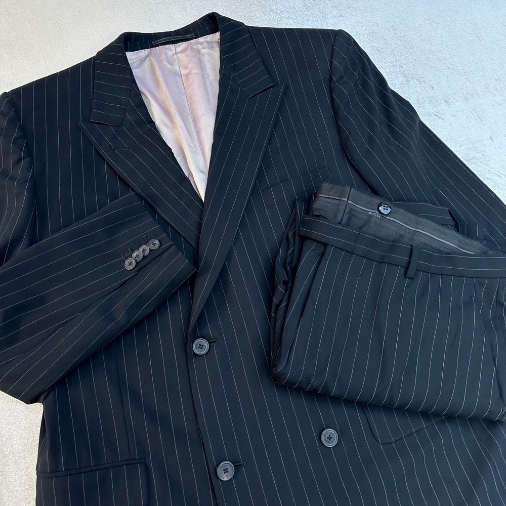 Gucci Men's Pinstripe Double Breasted Suit Black Wool Blend Jacket Pants 52R